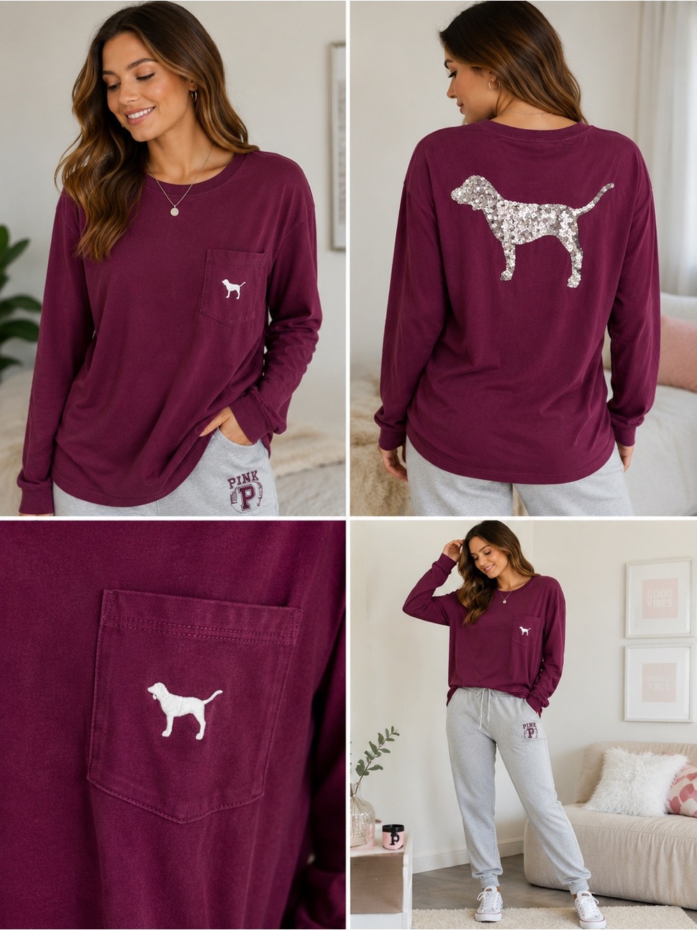 PINK Victoria’s Secret Burgundy Long Sleeve Pocket Tee Sequin Dog